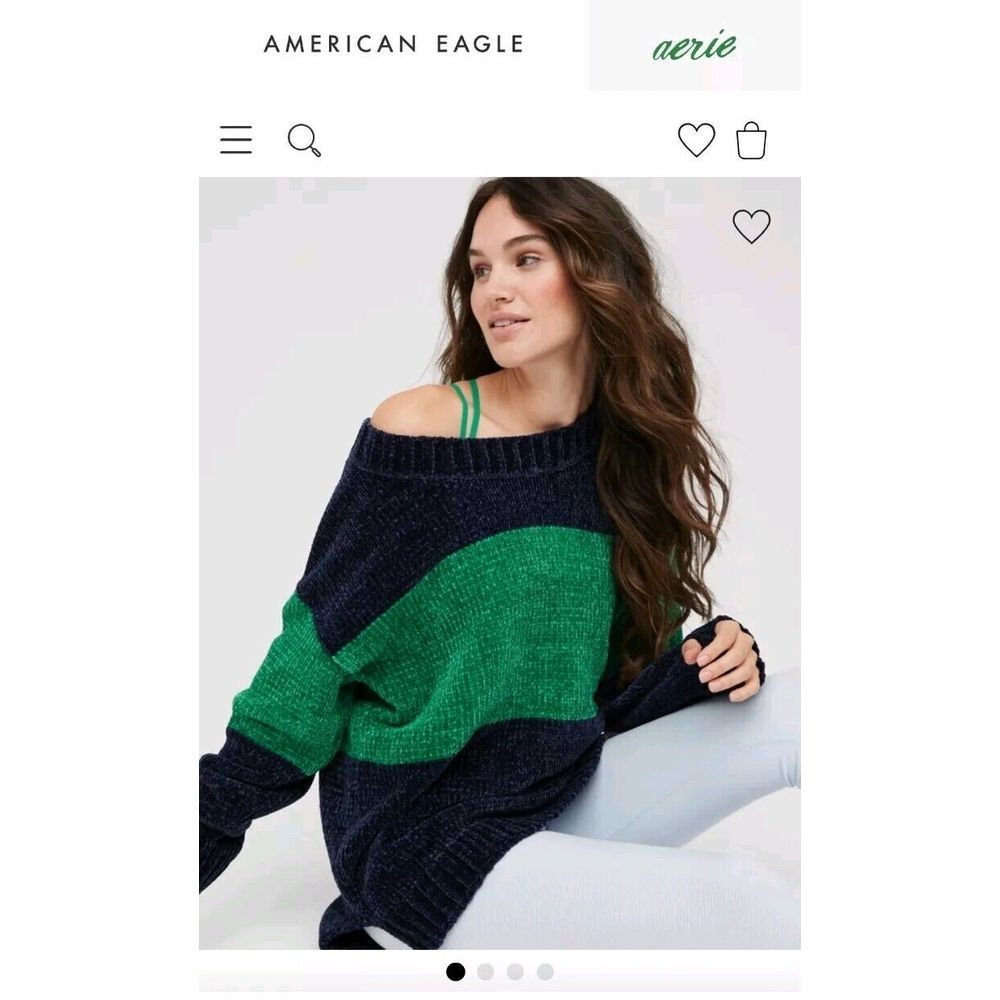 Offline by Aerie Chenille Ribbed Neck Sweater Navy Green Striped Small NWOT